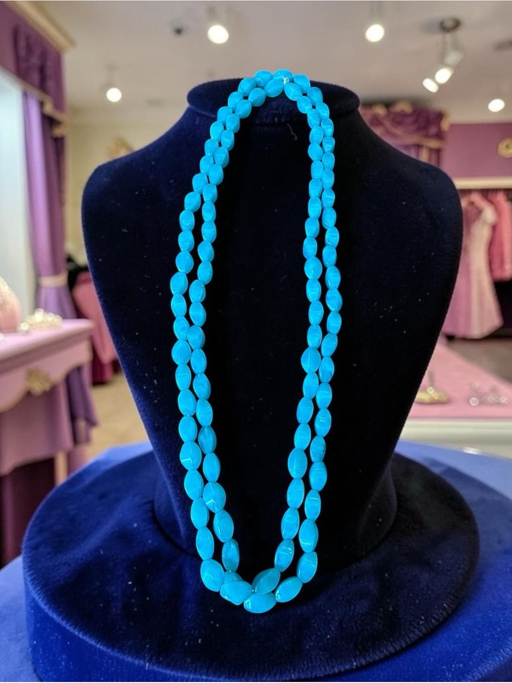 Vintage Czech "Greasy" Translucent Blue Glass Bead Necklace - 44" Loop